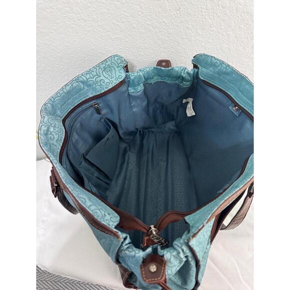 Reba Teal & Dark Brown Trim Patterned Zip Tote/Carry All Timeless Elegance - Picture 3 of 15